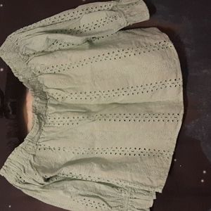 mint green off the shoulder crop top floral eyelet design half sleeve medium